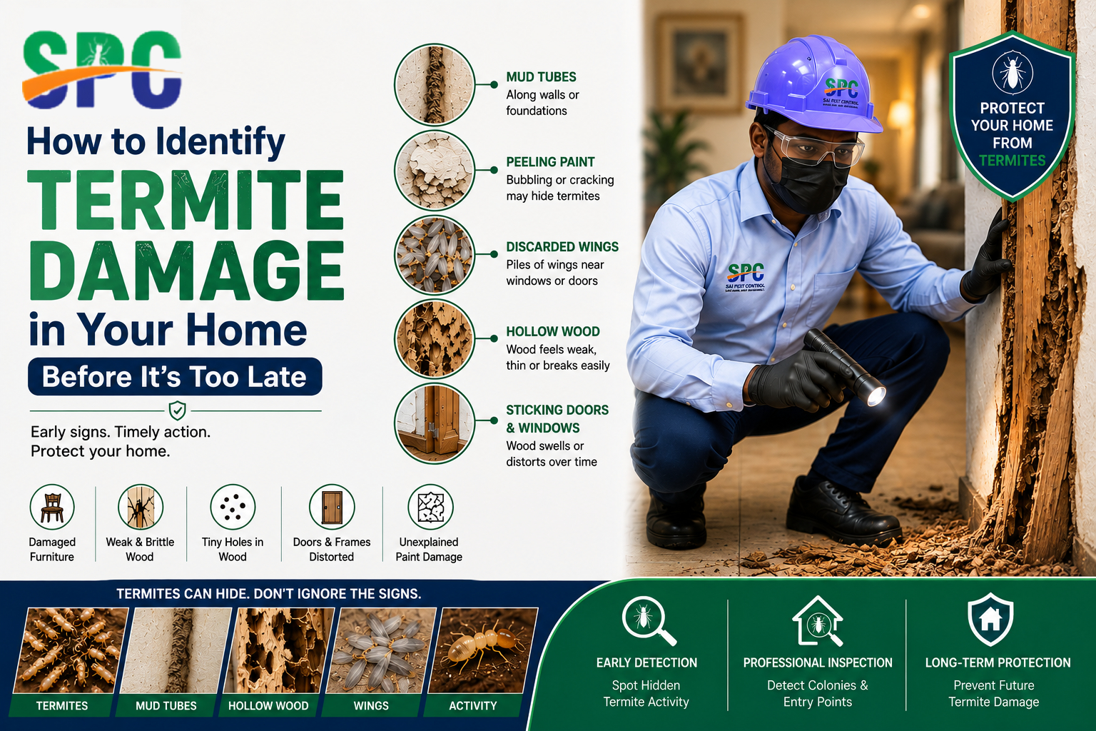 Early signs of termite damage in homes and professional termite control services in Tuticorin by Sai Pest Control.