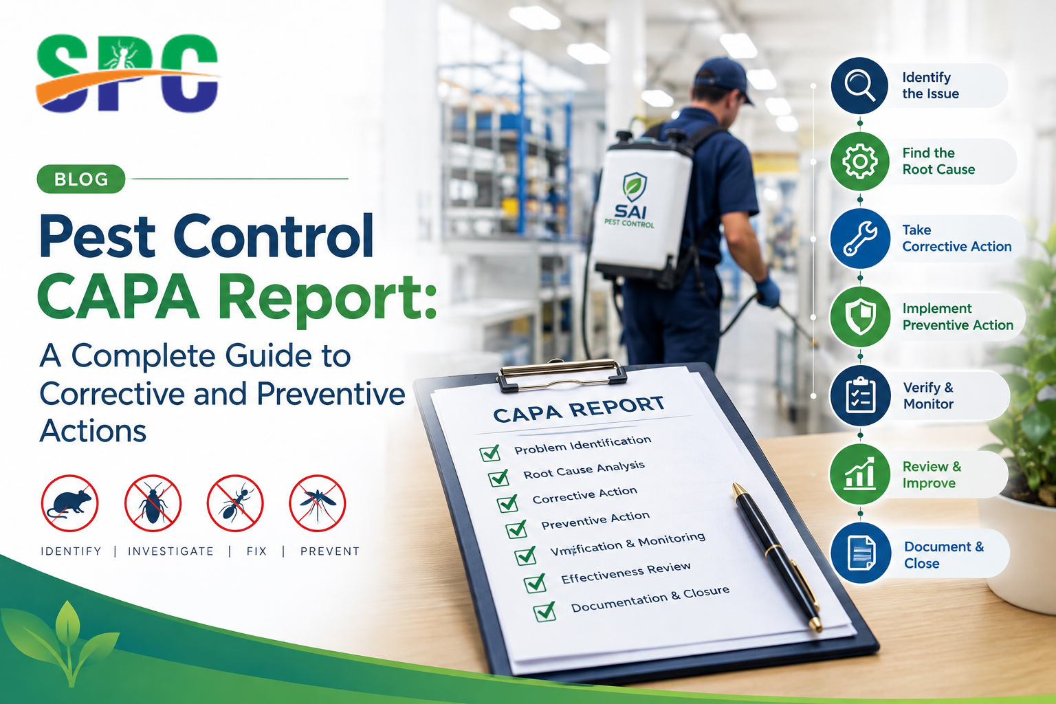 Pest Control CAPA Report showing corrective and preventive actions for pest management