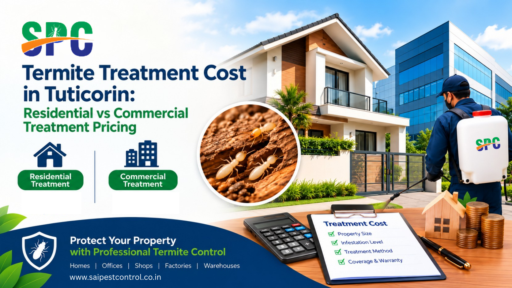 SPC Pest Control termite treatment cost in Tuticorin for residential and commercial properties, professional termite control services starting from ₹4,500, termite inspection and prevention for homes, offices, shops, factories and warehouses. Termite treatment cost in Tuticorin, Termite control services in Tuticorin, SPC Pest Control Tuticorin, Residential termite treatment, Commercial termite treatment, Anti termite treatment in Thoothukudi, Termite pest control near me, Professional termite control services, Termite treatment price in Tuticorin, Best termite control company in Tuticorin, Pre construction termite treatment, Post construction termite treatment, Affordable termite control services, Termite inspection services, Wood termite treatment, Termite prevention for homes, Office termite control services, Pest control services in Thoothukudi